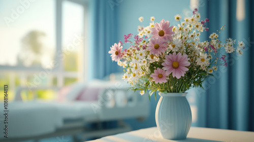beautiful vase filled with gentle flowers, including daisies and wildflowers, brightens hospital room with serene atmosphere. soft blue backdrop enhances calming effect