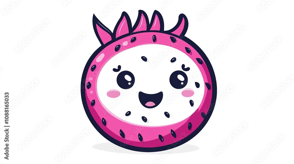 Kawaii dragon fruit illustration with big eyes, a friendly smile, and small black seeds in a round and simple design on a plain white background, perfect for kids’ coloring activities. Kawaii dragon fruit illustration with big eyes, a friendly smile, and small black seeds in a round and simple design on a plain white background, perfect for kids’ coloring activities.