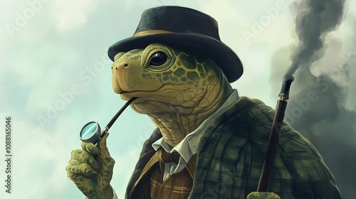 Turtle Dressed in Sherlock Holmes-Inspired Detective Outfit, Featuring a Deerstalker Hat, Magnifying Glass, and Pipe, Creating a Charming and Whimsical Scene. photo