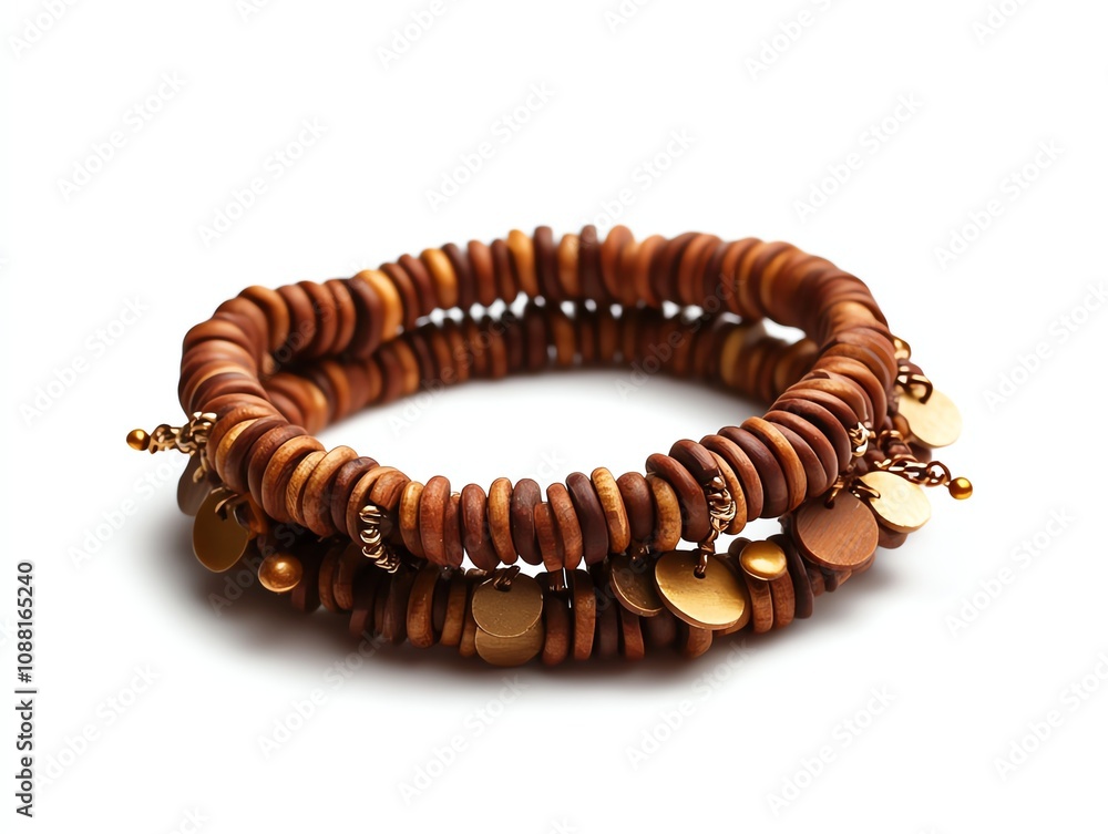Handmade wooden bracelet with decorative charms on a white isolated background. Handmade wooden bracelet with decorative charms on a white isolated background.