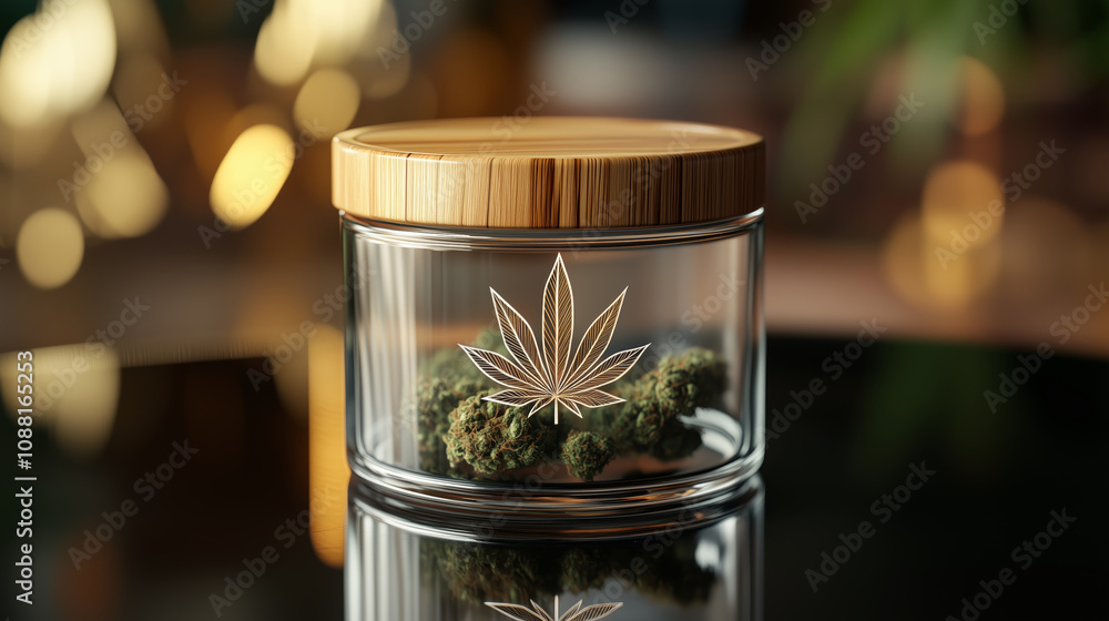 Elegant Glass Cannabis Jar with Bamboo Lid and Engraved Leaf Design Elegant Glass Cannabis Jar with Bamboo Lid and Engraved Leaf Design