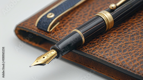 Close-up Of A Classic Gold And Black Fountain Pen Resting On A Luxurious Brown Leather Notepad. photo