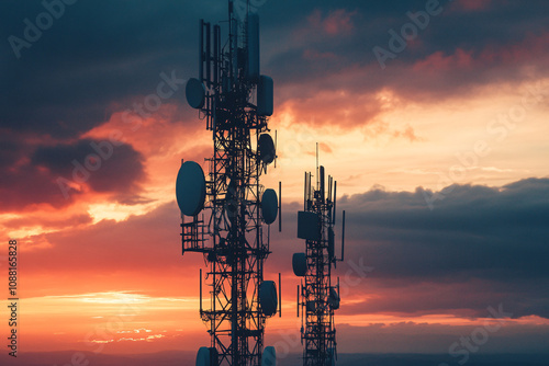Wallpaper Mural two communication towers silhouetted against a fiery sunset with glowing orange and pink clouds in the background
 Torontodigital.ca