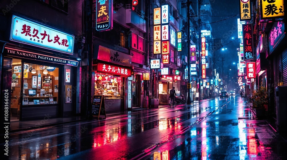 Vibrant neon city street at night with reflections on wet pavement Vibrant neon city street at night with reflections on wet pavement