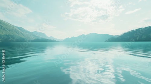 Serene lake surrounded by mountains under a soft blue sky.