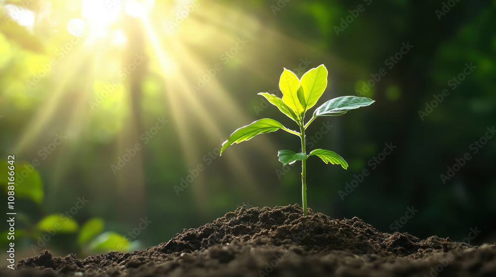 young plant growing in rich soil, illuminated by sunlight, symbolizes hope and renewal. vibrant green leaves contrast beautifully with dark earth young plant growing in rich soil, illuminated by sunlight, symbolizes hope and renewal. vibrant green leaves contrast beautifully with dark earth
