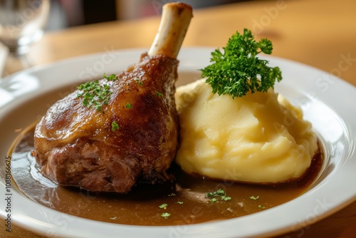 Delicious eisbahn pork knuckle served with creamy mashed potatoes and flavorful stewed cabbage on a rustic wooden table photo