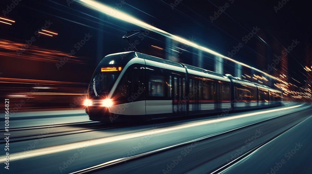 Fototapeta premium Light Rail Train Moving Along Tracks in Urban Setting, Depicting Efficient Public Transportation with Modern Design, Surrounded by Cityscape and Infrastructure.