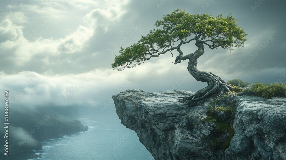 Lone tree on clifftop, overlooking misty ocean. Lone tree on clifftop, overlooking misty ocean.