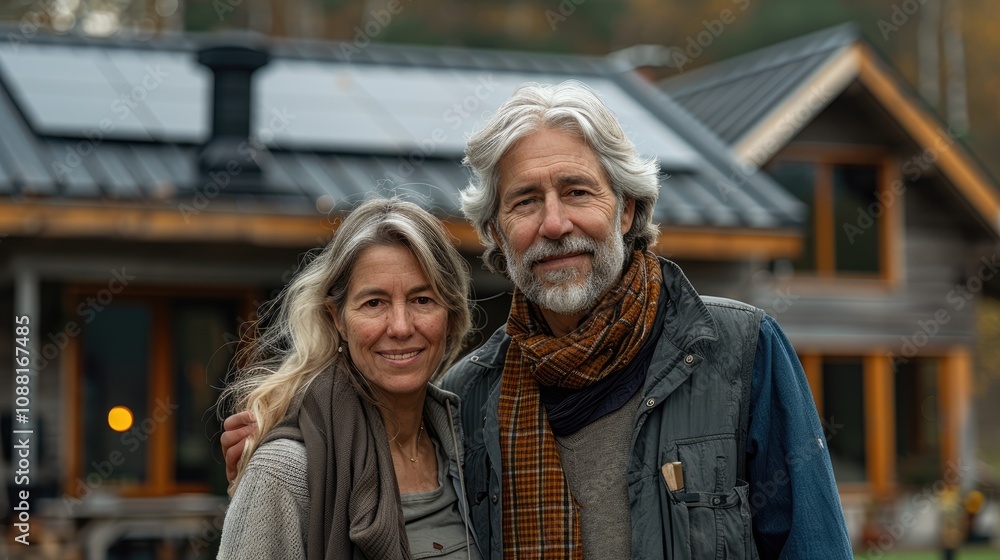 happy senior couple standing near new modern home with white walls and solar panels on the roof happy senior couple standing near new modern home with white walls and solar panels on the roof