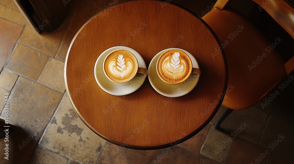 57.A cozy yet chic café setting featuring two latte cups, each with intricate latte art, resting on a minimalist table. A plate of golden pastries sits in the center, framed by the clean, urban 57.A cozy yet chic café setting featuring two latte cups, each with intricate latte art, resting on a minimalist table. A plate of golden pastries sits in the center, framed by the clean, urban