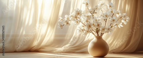beautiful arrangement of white flowers in beige vase, set against soft beige curtains, creating serene and elegant atmosphere