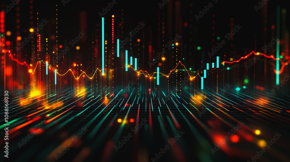 Abstract black background with 3D Colorful charts and graphs with statistics to innovative analyze business potential and forecast future development of companies growth. Abstract black background with 3D Colorful charts and graphs with statistics to innovative analyze business potential and forecast future development of companies growth.