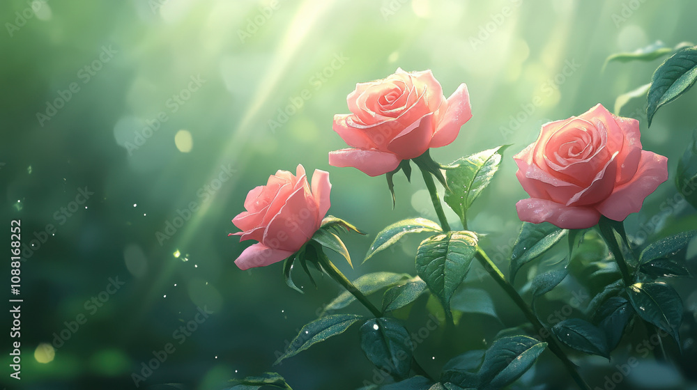 Obraz premium Three pink roses with green leaves in blurred background create serene and enchanting atmosphere, perfect for conveying beauty and tranquility