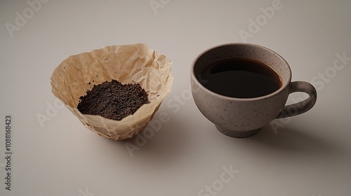 53.A detailed shot of a crumpled paper coffee filter filled with damp coffee grounds, set beside a cup of coffee on a clean grey background. The simplicity of the scene draws attention to the rich