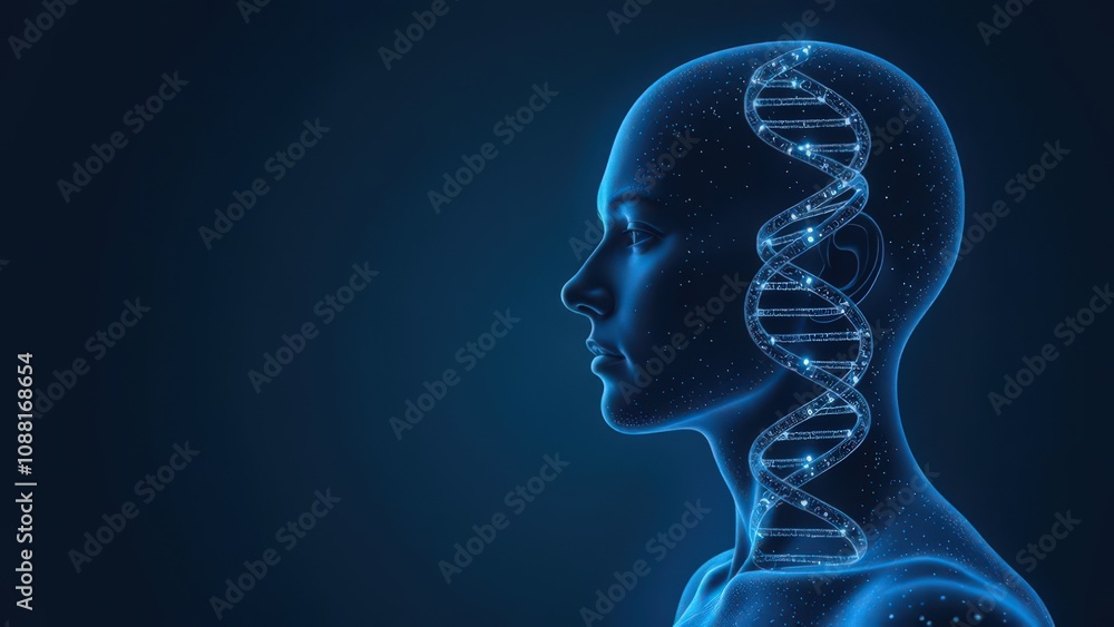 Side profile of a human figure glowing in blue with an embedded DNA helix, symbolizing genetics, biotechnology, and futuristic science, set against a dark gradient background Side profile of a human figure glowing in blue with an embedded DNA helix, symbolizing genetics, biotechnology, and futuristic science, set against a dark gradient background