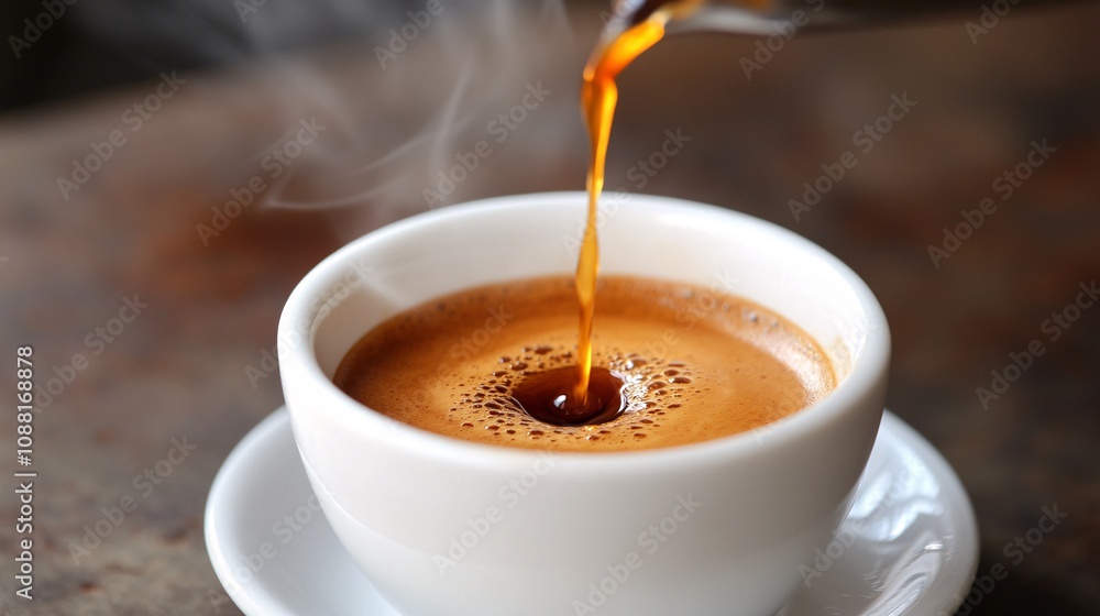 73.A close-up of hot espresso being poured into a white porcelain cup, with the liquid swirling and forming a rich layer of crema on top. The gentle steam rising from the cup and the detailed texture 73.A close-up of hot espresso being poured into a white porcelain cup, with the liquid swirling and forming a rich layer of crema on top. The gentle steam rising from the cup and the detailed texture