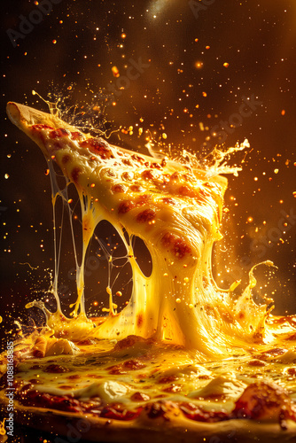 Exploding Golden Cheese Splash, Stretching from Pizza Slice.