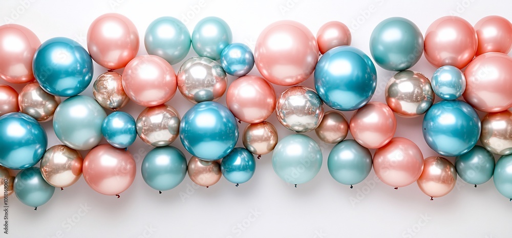 Row of pastel pink and blue balloons on white background. Row of pastel pink and blue balloons on white background.