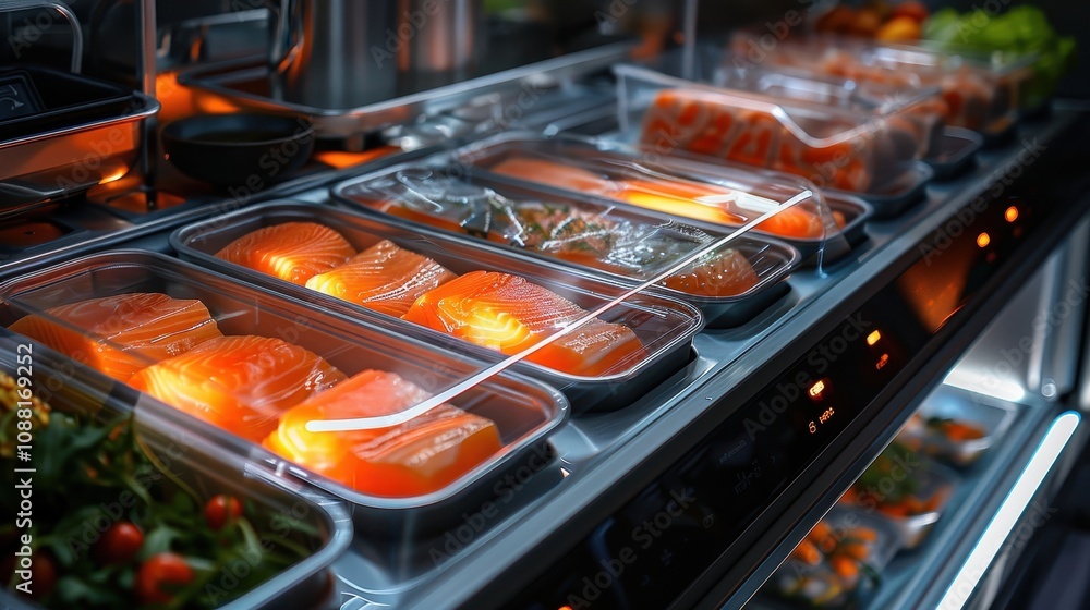 A display of fresh food items in transparent containers, showcasing vibrant colors and organized presentation in a well-lit setting. A display of fresh food items in transparent containers, showcasing vibrant colors and organized presentation in a well-lit setting.