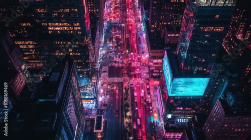 Neon-lit urban street at night from above