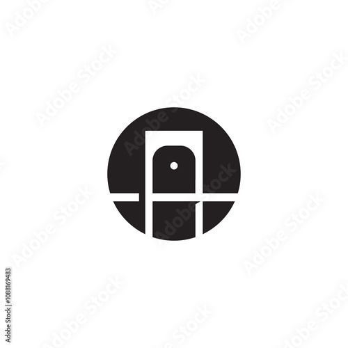 A minimalist black and white illustration of a door within a circle