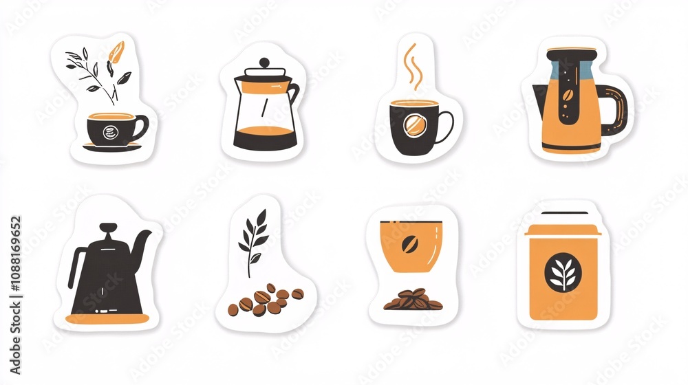 61.A playful set of coffee-themed stickers featuring minimalist doodles of a barista, kettles, coffee cups, espresso shots, cappuccinos, and arabica beans. Each illustration has a simple, flat 61.A playful set of coffee-themed stickers featuring minimalist doodles of a barista, kettles, coffee cups, espresso shots, cappuccinos, and arabica beans. Each illustration has a simple, flat