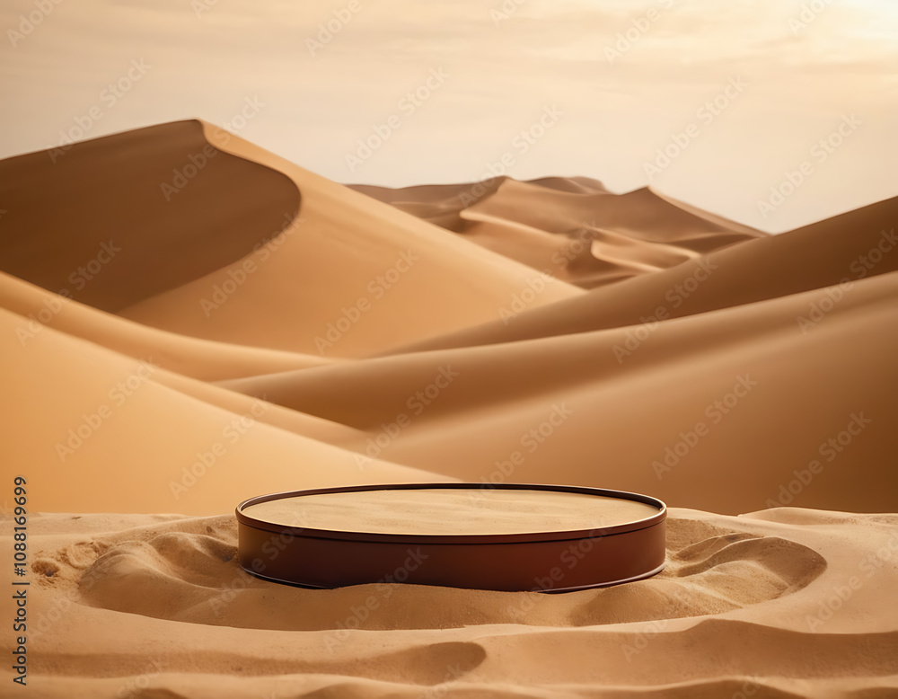 Round wooden platform nestled in a vast desert landscape with rolling sand dunes, perfect for showcasing products or creating a sense of adventure and exploration.