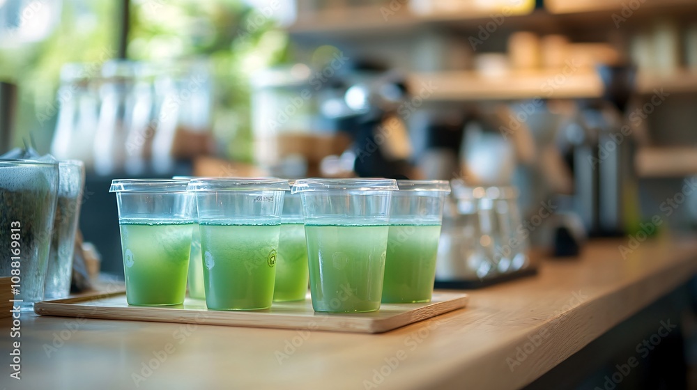 86.A set of biodegradable cups made from algae, displayed in a modern coffee shop. The green-tinted cups have a slightly translucent texture, blending seamlessly with the shopâ€™s eco-friendly design,