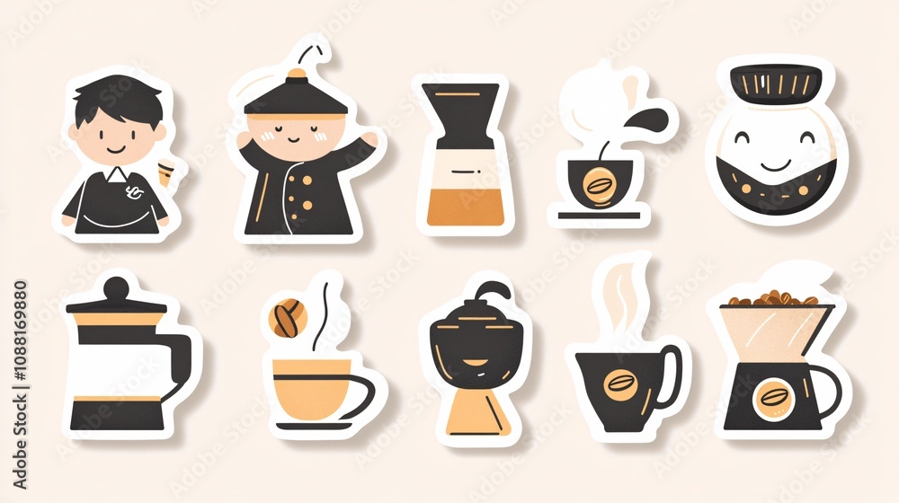 64.A set of coffee-themed stickers with minimalist flat clip art, including a friendly barista character, coffee beans, kettles, espresso shots, and cappuccinos. The clean, simple lines and doodle 64.A set of coffee-themed stickers with minimalist flat clip art, including a friendly barista character, coffee beans, kettles, espresso shots, and cappuccinos. The clean, simple lines and doodle
