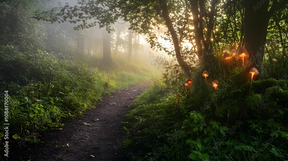 Obraz premium Glowing Mushrooms on Forest Path with Soft Fog and Gentle Morning Light