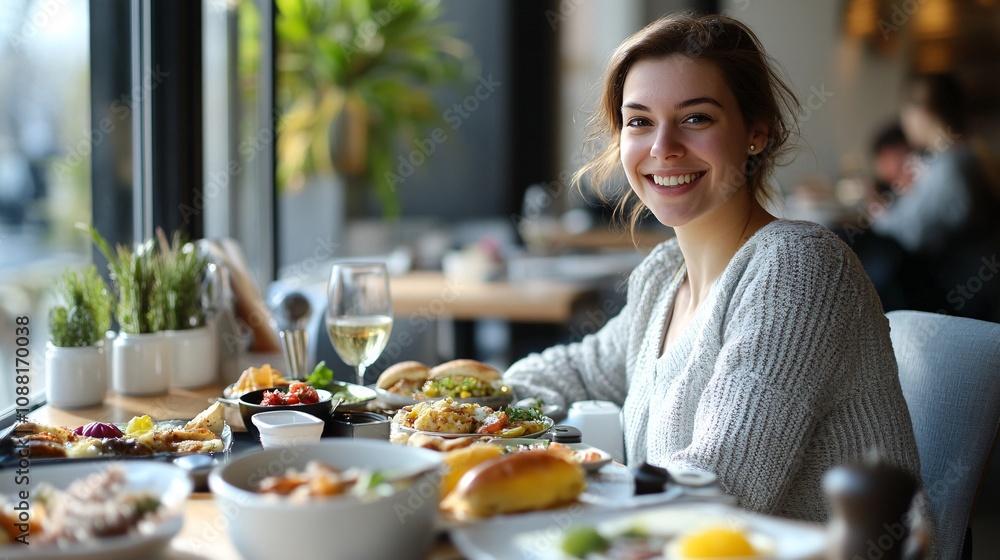 28.A smiling woman enjoying a breakfast feast in a modern café, with a variety of fresh dishes laid out before her. The setting includes a mix of savory and sweet foods, as she sits in a comfortable 28.A smiling woman enjoying a breakfast feast in a modern café, with a variety of fresh dishes laid out before her. The setting includes a mix of savory and sweet foods, as she sits in a comfortable