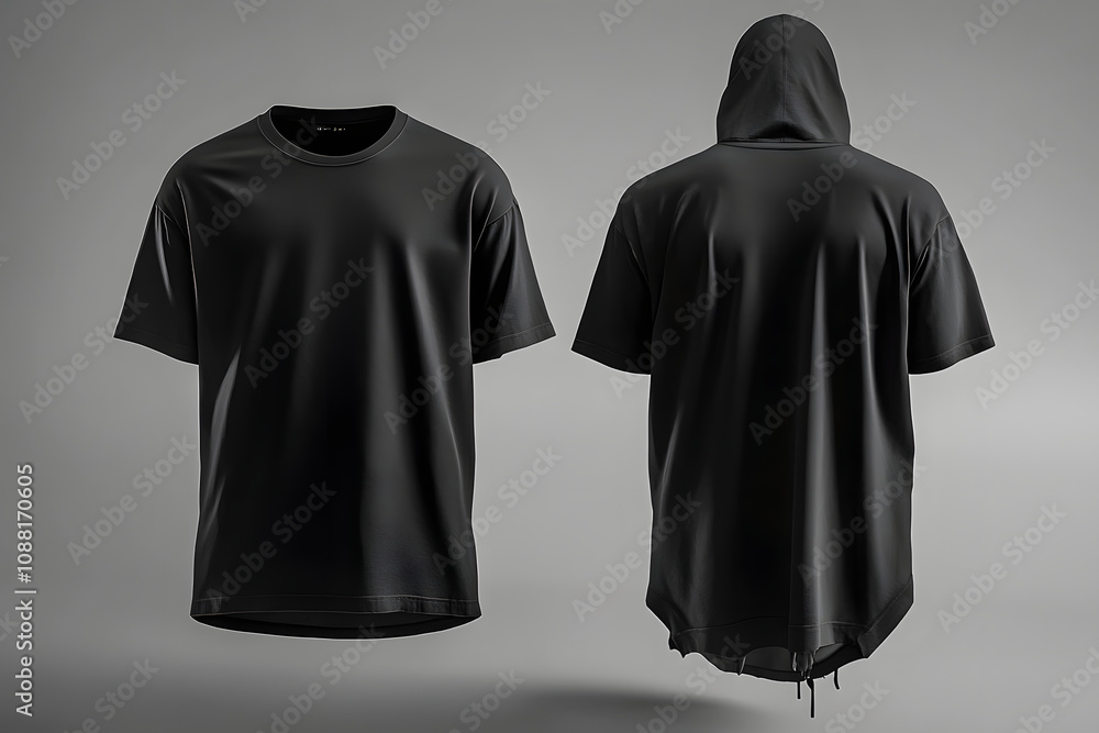 シックでモダンな黒Tシャツとフードのプロダクトデザイン