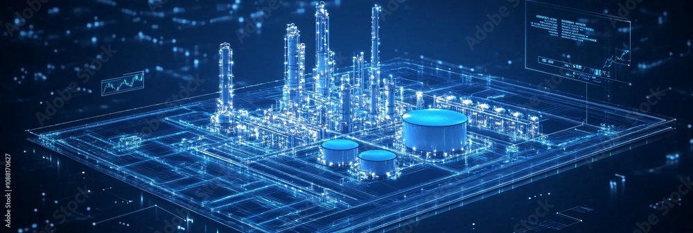 Isometric industrial factory with tanks and pipelines on blue background. Isometric industrial factory with tanks and pipelines on blue background.
