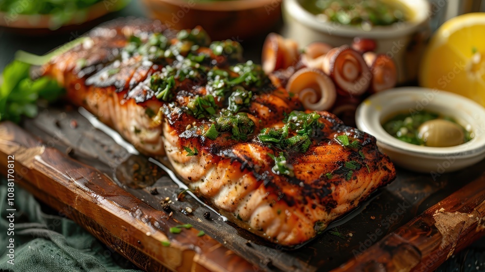 Grilled salmon fillet garnished with herbs, served with sides including olives, sauces, and lemon, on a wooden platter. Grilled salmon fillet garnished with herbs, served with sides including olives, sauces, and lemon, on a wooden platter.