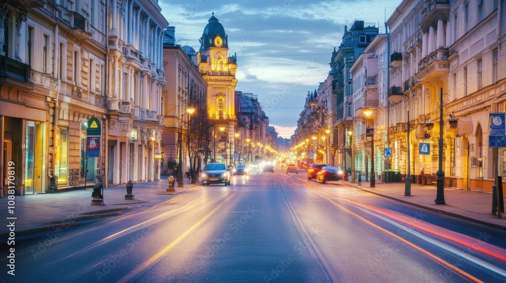 Fototapeta premium In the evening, a busy city street is lit by blurred car lights, highlighting the charming architecture and lively atmosphere. Generative AI
