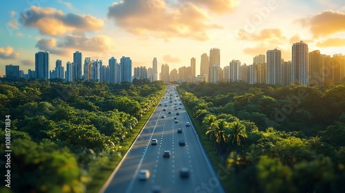 Here's a description for your image, following your specifications

 Sunset highway through lush city park.