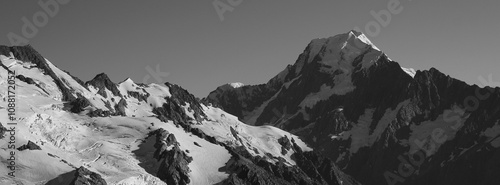 Mount Cook and glacier in black and white, new Zealand. photo