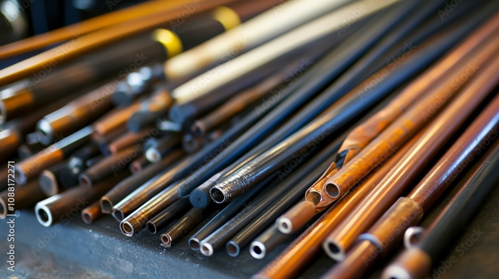 Close-Up of Welding Rods and Wires on Workbench Close-Up of Welding Rods and Wires on Workbench