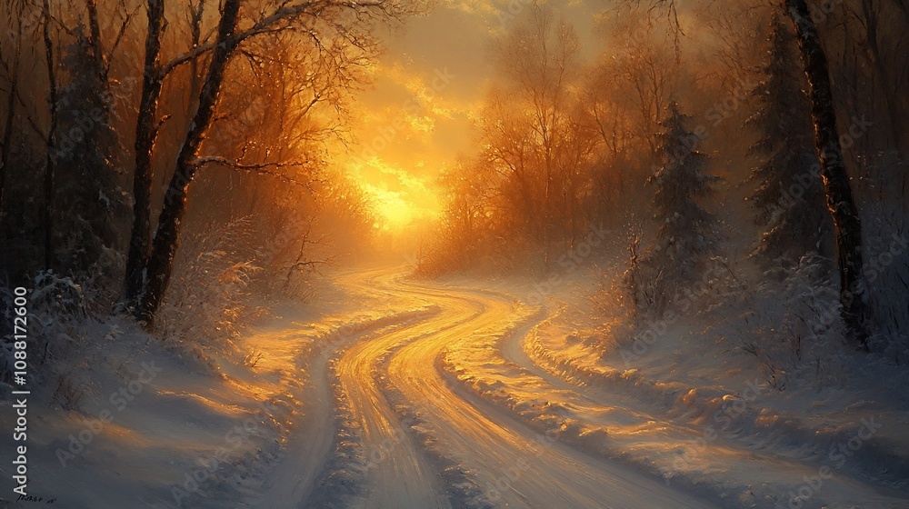 Serene winter sunset scene with a winding snow-covered road through a frosty forest. Serene winter sunset scene with a winding snow-covered road through a frosty forest.