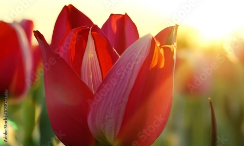 Vibrant red tulips in the morning sunlight, close up