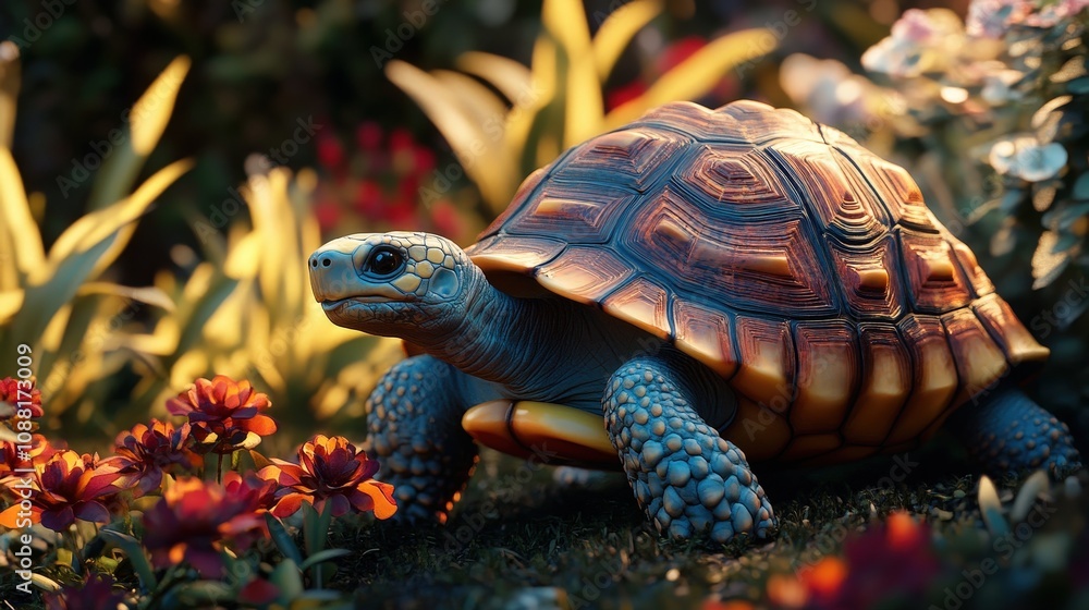 Obraz premium A colorful tortoise slowly making its way across a sunlit garden.