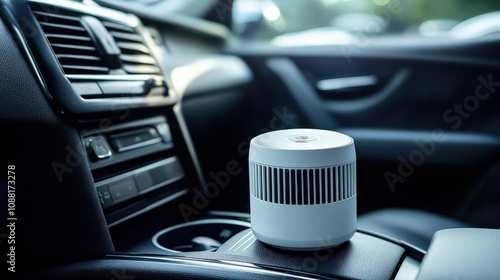 A compact, portable air purifier in a car interior, purifying the air while commuting. photo