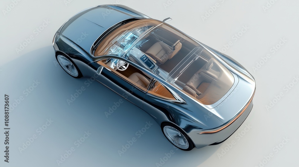 A concept car with a transparent roof, holographic interface, and smooth, flowing body lines, blending luxury with futuristic tech A concept car with a transparent roof, holographic interface, and smooth, flowing body lines, blending luxury with futuristic tech