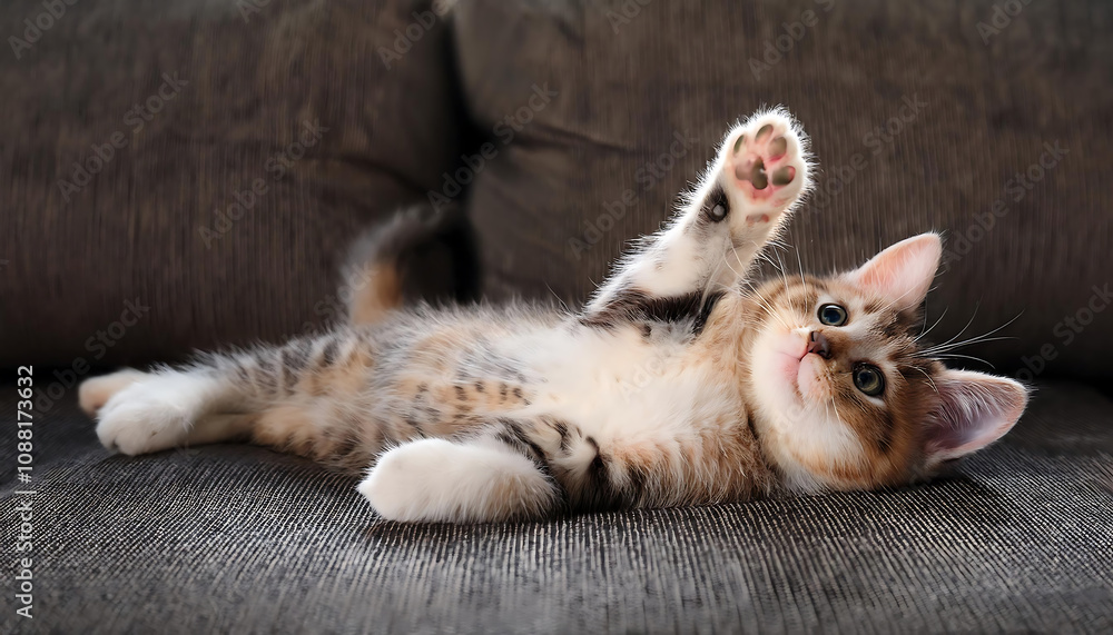 Adorable Kitten Lounging Upside Down on a Sofa Adorable Kitten Lounging Upside Down on a Sofa