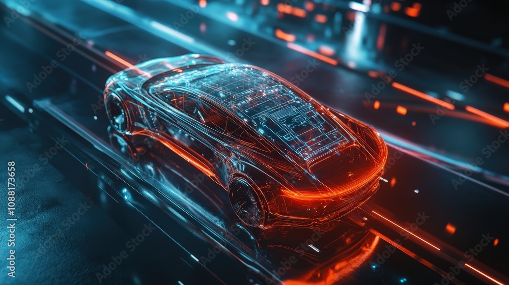 A concept car with a transparent roof, holographic interface, and smooth, flowing body lines, blending luxury with futuristic tech A concept car with a transparent roof, holographic interface, and smooth, flowing body lines, blending luxury with futuristic tech