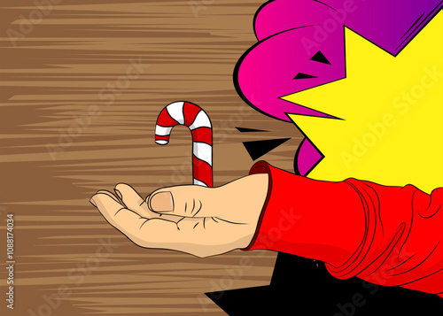 Cartoon, comic book human hands holding Candy cane. Retro vector comics pop art design.