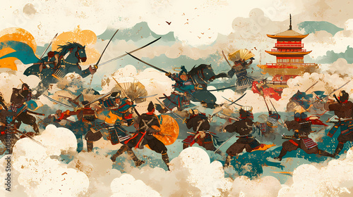 Rival clans of samurai and warriors in feudal japan battle. Ancient Samurai Battle. Illustration