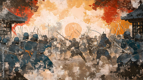 Rival clans of samurai and warriors in feudal japan battle. Ancient Samurai Battle. Illustration