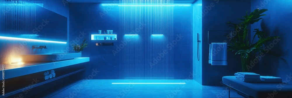 The luxurious bathroom showcases sleek designs with a smart shower system, vibrant lighting, and innovative temperature controls for comfort. Generative AI The luxurious bathroom showcases sleek designs with a smart shower system, vibrant lighting, and innovative temperature controls for comfort. Generative AI
